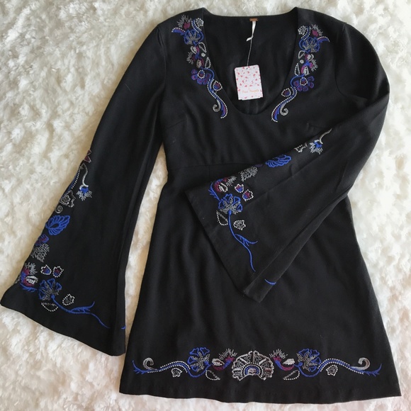 Free People Floral Embroidered Holiday Dress Black - Picture 2 of 5